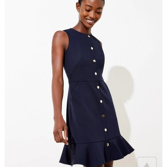 LOFT Glided Button Navy Flounce pocket Dress - Picture 1 of 6